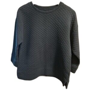 LANDS END Top Quilted Sweatshirt Blouse Pullover 3/4 Sleeve Womens M Black